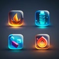 Set of water icons. Vector illustration. Glass buttons with fire Royalty Free Stock Photo