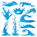 Set of water splashes wave twirl isolated surge blue sparks breaker vector illustration
