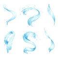 Set of water splashes and waves. Blue streams of water of different shapes