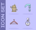 Set Water spray bottle, Clean vase, Hanger wardrobe and Shower head icon. Vector