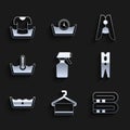 Set Water spray bottle, Towel on hanger, stack, Clothes pin, Temperature wash, and Basin with shirt icon. Vector