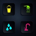 Set Water tap, Bucket, drop and Shower. Black square button. Vector Royalty Free Stock Photo