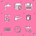 Set Water tap, Database protection, Floppy disk, Hard drive HDD sync refresh, and IV bag icon. Vector