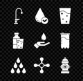 Set Water tap, drop, Glass with water, Fire hydrant, Bottle of glass and Washing hands soap icon. Vector Royalty Free Stock Photo