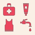 Set Water tap, First aid kit, Tube of toothpaste and Sleeveless T-shirt icon. Vector Royalty Free Stock Photo