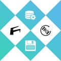 Set Water tap, Floppy disk, Setting database server and Waiting icon. Vector Royalty Free Stock Photo