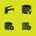 Set Water tap, Server setting, Setting database server and Database protection icon. Vector Royalty Free Stock Photo