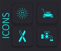 Set Water tap, Sun, Lawn mower and Gardening scissors icon. Black square button. Vector Royalty Free Stock Photo