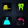 Set Water tap, Toothbrush with toothpaste, Garbage bag and Broken tooth. Black square button. Vector