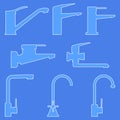 A set of water taps for the kitchen and bathroom. Line drawing. Isolated outline vector illustrations, icons, logos. Royalty Free Stock Photo