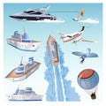 Set with water transport, cruise big ship, Balloon, hang glider, old airplane model, private jet, modern yacht, girl