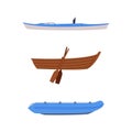 Set of water transport. Side view of life raft, catamaran and wooden rowboat cartoon vector illustration Royalty Free Stock Photo