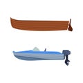 Set of water transport. Side view of motorboat and wooden boat cartoon vector illustration