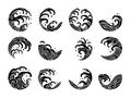 Set of water wave tattoo oriental style vector