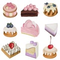 Set of watercolor aesthetic desserts and confectionery, baking clipart