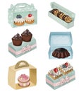 Set of watercolor aesthetic desserts and confectionery in packaging boxes