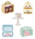 Set of watercolor aesthetic desserts and confectionery in packaging boxes and cake stands