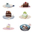 Set of watercolor aesthetic desserts and confectionery in plates