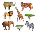 Set of watercolor African animals. Realistic elephant, tiger, giraffe and other safari animals isolated on white Royalty Free Stock Photo