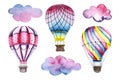 Set of watercolor air balloons with clouds. Colorful illustration isolated on white. Hand painted airship Royalty Free Stock Photo