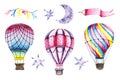 Set of watercolor air balloons, flags, moon, stars. Colorful illustration isolated on white. Hand painted elements Royalty Free Stock Photo