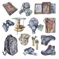 Set watercolor army stalker accessories: gas mask, retro file folder, oil stove, military tourism backpack, boots shoes