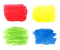 Set of watercolor backgrounds, stains. Red, green, yellow, blue water color spots with splash, paint blotch, brush