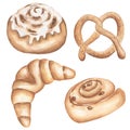 Set of watercolor bakery products illustrations.Graphic Croissant, cinnamon bun, raisins bun, Pastry Royalty Free Stock Photo