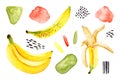 Set of watercolor bananas, abstract spots, brush strokes. Isolated bright illustration on white. Hand painted fruits