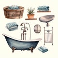 A set of watercolor bathroom fixtures elements