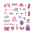 Set of watercolor bird, cloud, envelope, heart, gift, feather. Hand drawn illustrations isolated on white. Decoration icons are