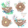 Set of the watercolor bird nests with eggs, hand drawn isolated on a white background Royalty Free Stock Photo