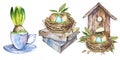 Set watercolor birdhouse with Spring flowers, eggs, bird nest, mug flower. Easter design