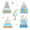 Set of watercolor Birthday cakes in blue, golden and black colors