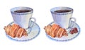 Set watercolor blue porcelain cup with saucer of hot aromatic coffee for breakfast, croissant cake, coffee bean isolated