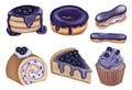 Set of watercolor blueberry dessert illustration. blueberry pancakes,donut,eclair,cupcake,cheesecake illustration isolated on whit