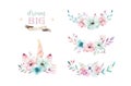 Set of watercolor boho floral bouquets. Watercolour bohemian natural frame: leaves, feathers, flowers, Isolated on white Royalty Free Stock Photo