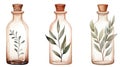 Set of watercolor bottles with eucalyptus branches and leaves. Generative AI