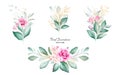 Set of watercolor bouquets for logo or wedding card composition. Botanic decoration illustration of peach and red roses, leaves,