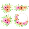 Set of watercolor bouquets with pink and orange flowers, leaves and berries. Hand drawn illustration. Royalty Free Stock Photo