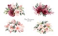 Set of watercolor bouquets of soft brown and burgundy roses and leaves. Botanic decoration illustration for wedding card, fabric,