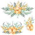 Set Of Watercolor Bouquets With Yellow Flowers and Green Leaves