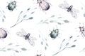 Set of watercolor bright beetles seamless pattern, bugs fly and bees. Isolated colorful cartoon buttle and bug. Insect Royalty Free Stock Photo