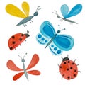 Set of Watercolor bright insects. Handmade drawn butterflies, ladybugs, midges