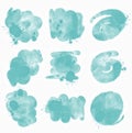 Set of watercolor brush stroke and stain in blue, turquoise color, solated on white background, abstract design element Royalty Free Stock Photo