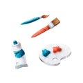 Set of watercolor brushes, palette, paints. Isolated bright illustration on white. Hand painted art materials perfect