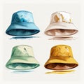 Set of watercolor bucket hats in 90s design