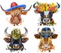 Set of watercolor bulls on white background. Royalty Free Stock Photo