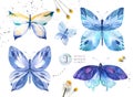 Set of watercolor boho butterfly. Vintage summer isolated spring art. Watercolour illustration. design wedding card Royalty Free Stock Photo
