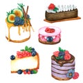 Set of watercolor Cakes.Hand drawn for Greeting Card, Packaging , Bakery Shop and more